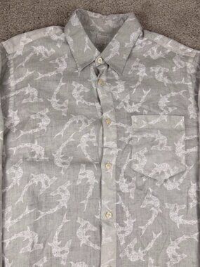 120% Lino Linen Shirt Grey White Shark Pattern Button Up Long Sleeve Men Size XL